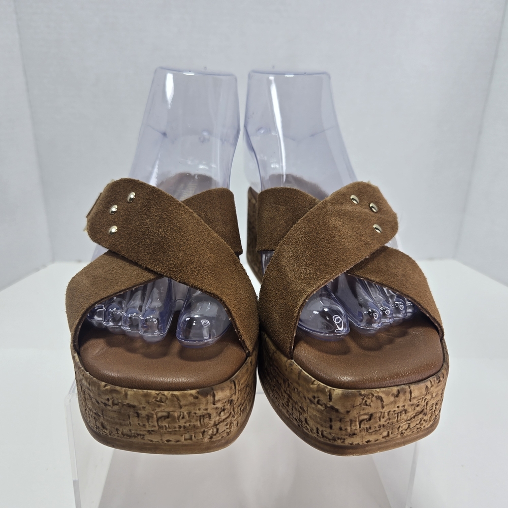 Lottini Camel Suede Crisscross Cork Platform Wedge Sandals Size EU 37 US 6 - Picture 3 of 13